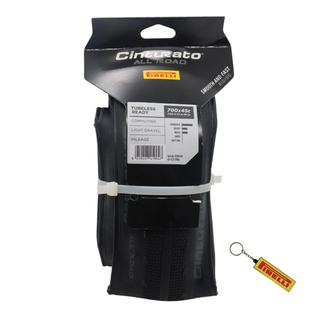 Pirelli Cinturato All Road 700x45c (45-622) Black Bicycle Tire Bundle with Keychain | Tubeless Ready ProWall Casing Premium Gravel, Adventure, Hardpack, and Commuter Bike Single Front or Rear