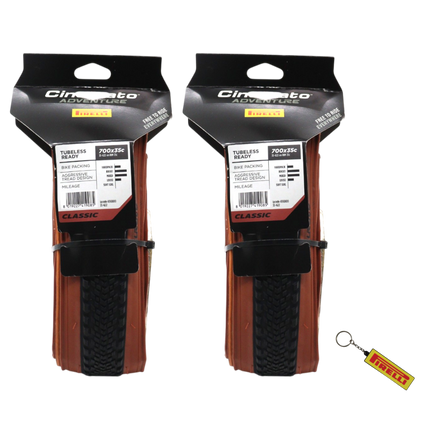 Pirelli Cinturato Adventure Classic 35-622 Tan Wall Bicycle Tires 700x35 Gravel & Touring Tire Set - 2 Pack Durable, Puncture Resistant All-Road Folding Tires with Keychain