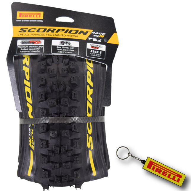 Pirelli Scorpion Race Enduro M Yellow Label 63-622 (29x 2.5) MTB Bicycle Tire  - Designed for Hardpacked Courses and Mixed Terrains, 120x2TPI - Mountain Bike Tire w/Keychain