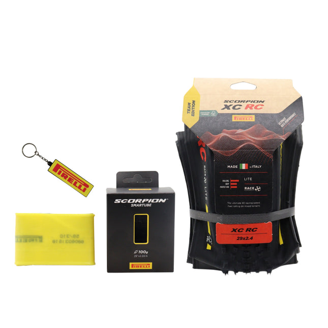 Pirelli Scorpion Race XC RC Lite Team Edition 29x2.4 Yellow Label MTB Tire with Scorpion Smartube 59/70-622 Presta 42mm - Lightweight Cross Country Racing Tire and Tube Bundle with Keychain