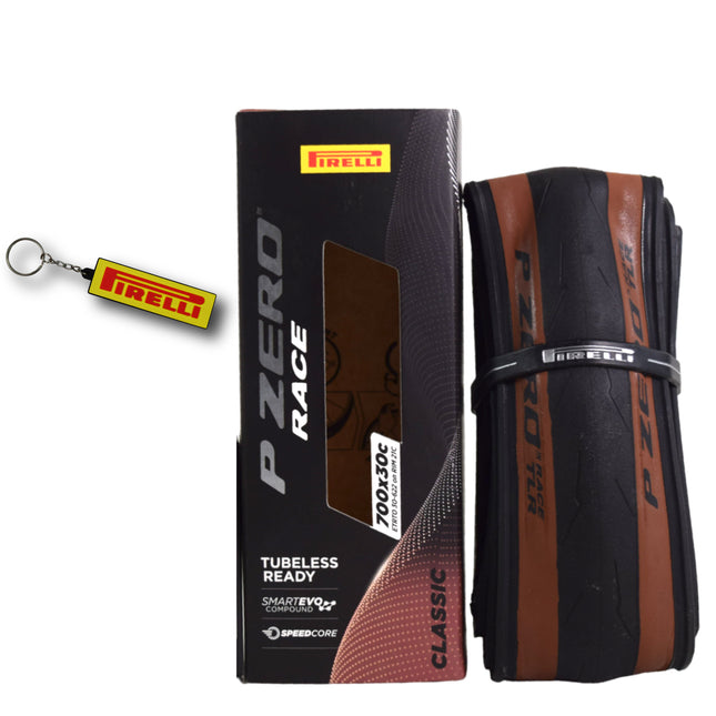 Pirelli P ZERO Race TLR Classic 30-622 (700x30c) Road Bike Tire - Tubeless Ready, Lightweight, High-Performance Bicycle Tire for Road Racing & Training – Tan Sidewall, SmartEVO Compound w/Keychain