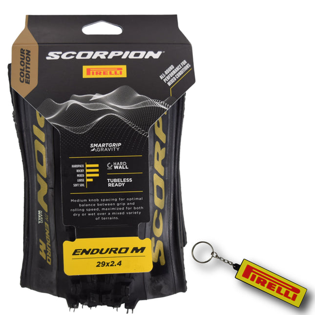 Pirelli Scorpion Enduro M Gold Color (29x2.4) Mountain Bicycle Tire Tubeless Ready, HardWALL 60 TPI High-Performance All-Terrain Tire for Enduro Trail & Aggressive XC Riding Mountain Bike w/Keychain