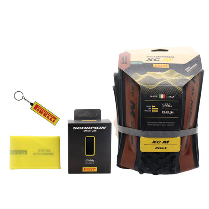 Pirelli Scorpion Race XC M ProWall Classic 29x2.4 Tan Wall MTB Tire with Scorpion Smartube 59/70-622 Presta 42mm - High Performance Cross Country Tire and Tube Bundle for Mixed Terrain with Keychain