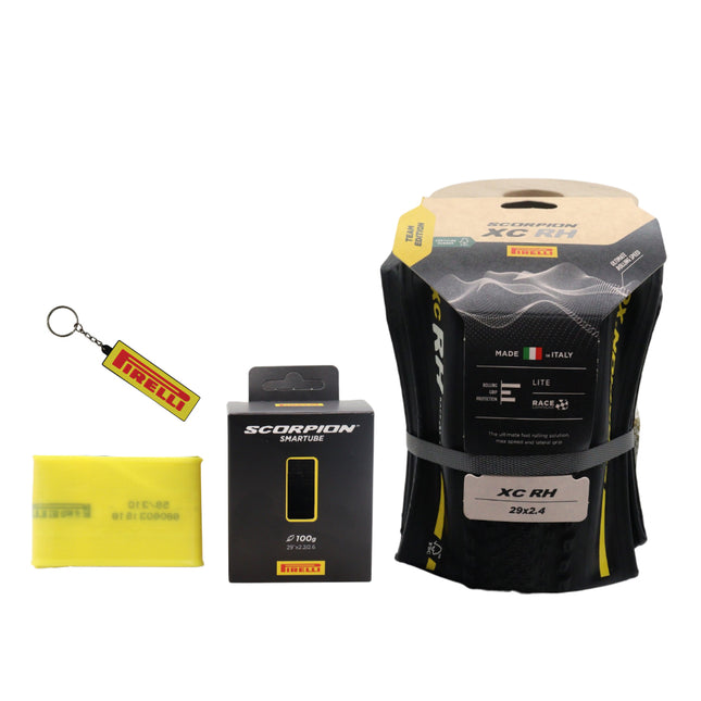 Pirelli Scorpion Race XC RH Lite Team Edition 29x2.4 Yellow Label MTB Tire w/Scorpion SmarTube 59/70-622 Presta 42mm - rear specific XC tire and tube bundle for technical terrain & keychain
