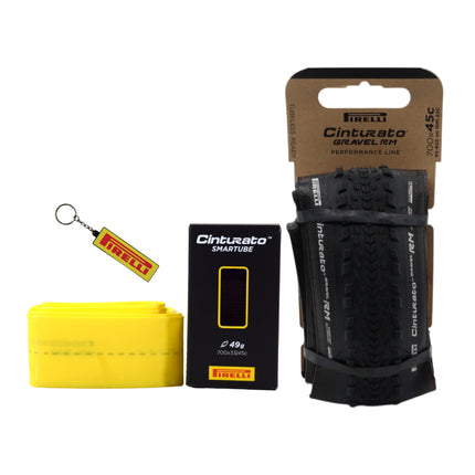 Pirelli Cinturato Gravel RM P-Line 45-622 Black Bicycle Tire 700x45 with SmarTube 33/45-622 Presta 60mm Valve - High Performance Gravel Tire Fast Rolling Durable All-Road Folding Tire with Keychain