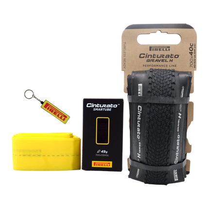 Pirelli Cinturato Gravel H P-Line 700x40c (40-622) Black Gravel Bike Tire + Cinturato SmarTube 33/45-622 Presta 60mm TPU Inner Tube with Keychain - Fast Rolling, Puncture Protection