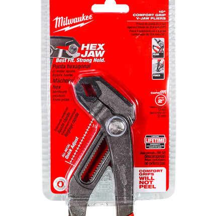 Milwaukee 48-22-6210 10″ Hex-Jaw Pliers – 22-Position Quick-Adjust V-Jaw Design, Comfort Grip Handles with REAM & PUNCH™ Metal Handles, Rust-Resistant Forged Construction for Bolts, Pipe & Knockouts