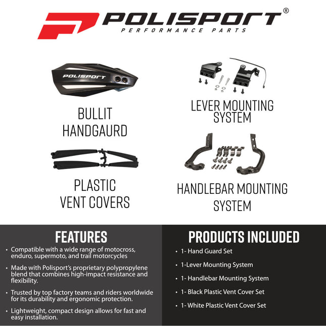 Polisport 8308500066 MX Bullit Handguards Black Pair for Yamaha YZ/YZF/WR 2026+ Dual Mount Lever & Universal Bar 22-28mm Vented Lightweight Plastic Protection Hands Master Cylinder