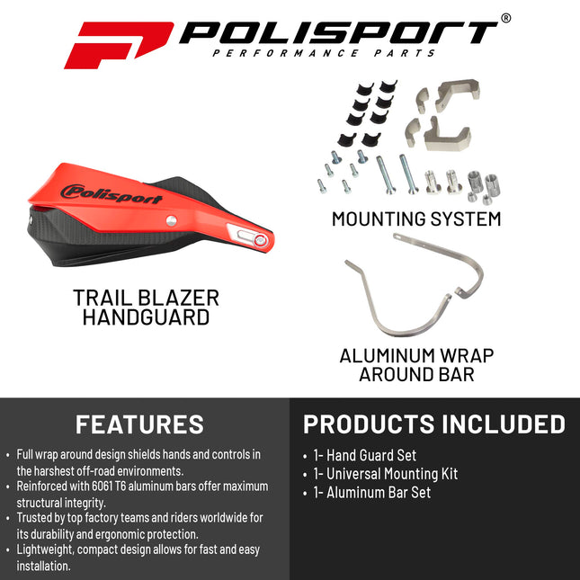 Polisport Trail Blazer Handguard for Motocross - Universal Repair Handguard - Full Wrap-Around for Extreme Riding Condition, Made from 6061 T6 Aluminum for SM, Motard & Dirt Bikes- Red/Black