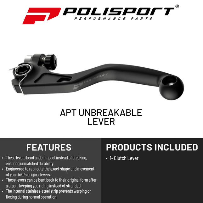 Polisport  APT Unbreakable Clutch Lever - Fits: Honda CRF450R / CRF450RX (2021-2025), OEM Shape, APT Composite, Stainless Strip, CNC Adapter, Bendable Design, Easy Install, Black