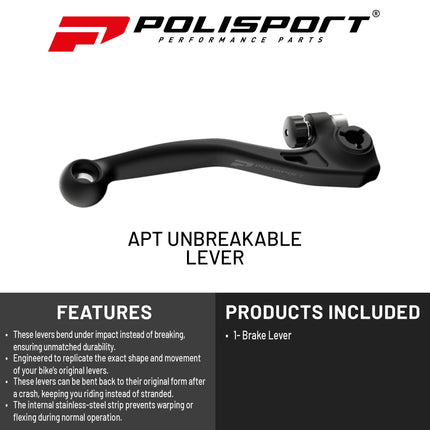 Polisport APT Unbreakable Brake Lever - Honda CRF250R/250RX (2007-2024), CRF450R/450RX (2007-2024), OEM Shape, CNC Adapter, Bendable APT Composite, Easy Install, Black