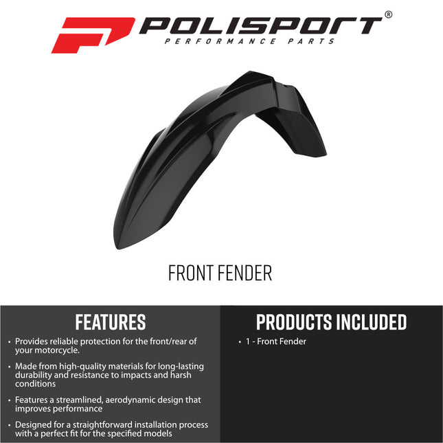 Polisport Motocross (MX) Front Fender for Kawasaki KX450F (2016-2026) KX250F (2017-2026) Dirt Bike - OEM Quality, Durable Gloss Polypropylene (DGP), Flexible & Perfect Fit - Black