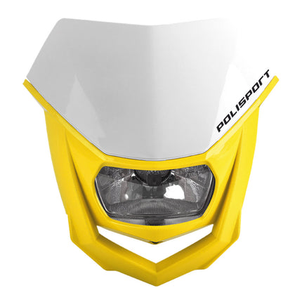 Polisport 8657400037 HALO Universal Dirt Bike Headlight, DOT ECE SAE Road Legal Dual Sport Motocross Mask Assembly with Halogen Lamp and Mounting Straps, White/Yellow
