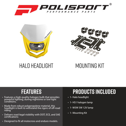 Polisport 8657400037 HALO Universal Dirt Bike Headlight, DOT ECE SAE Road Legal Dual Sport Motocross Mask Assembly with Halogen Lamp and Mounting Straps, White/Yellow