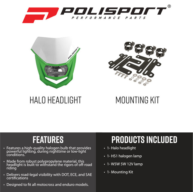 Polisport 8657400041 HALO OEM‑Quality Universal Headlight - White/Green, Durable Injection‑Molded Construction with Bright Illumination, Perfect Fit for Most Off‑Road Motorcycles & High‑Gloss Finish