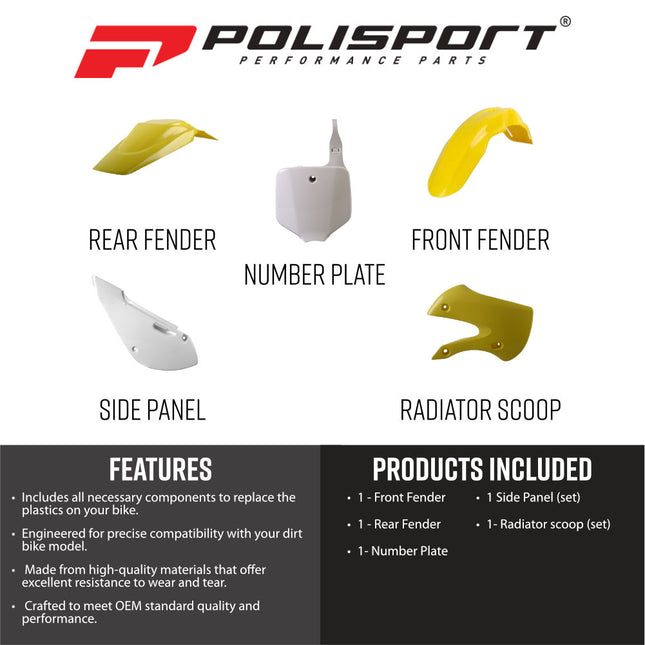Polisport 90092 Standard Plastic Kit – Fits Suzuki RM65 2003–2005 – OEM‑Style Bodywork with Fenders, Radiator Scoops, Side Panels & Front Number Plate – Yellow/White