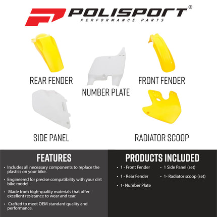 Polisport 90094 Standard Plastic Kit – Fits Suzuki RM125/RM250 1999–2000 – OEM‑Style Bodywork with Fenders, Scoops, Side Panels & Number Plate – Yellow/White