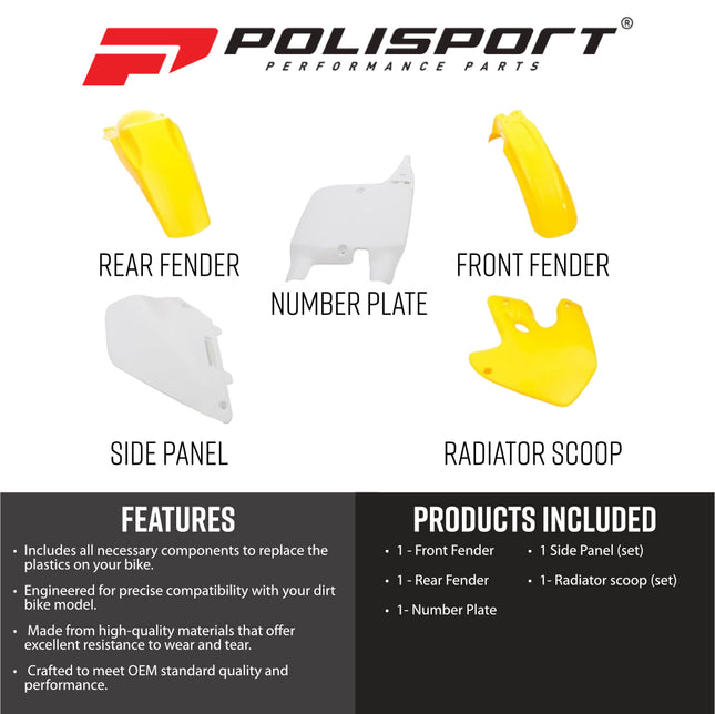 Polisport 90094 Standard Plastic Kit – Fits Suzuki RM125/RM250 1999–2000 – OEM‑Style Bodywork with Fenders, Scoops, Side Panels & Number Plate – Yellow/White