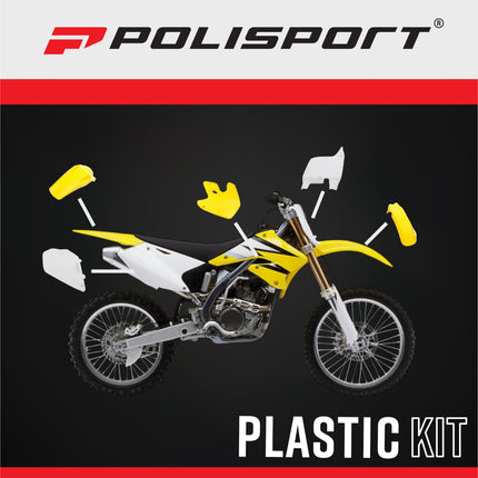 Polisport 90094 Standard Plastic Kit – Fits Suzuki RM125/RM250 1999–2000 – OEM‑Style Bodywork with Fenders, Scoops, Side Panels & Number Plate – Yellow/White