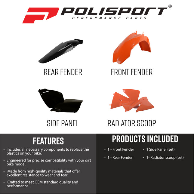 Polisport 90101 Standard Replica Plastic Kit for KTM EXC / EXC-F 2001-2002 - OEM Style Dirt Bike Bodywork - Orange/Black (Front & Rear Fenders, Radiator Scoops, Side Panels)