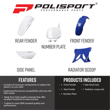 Polisport 90526 Replica Plastic Kit for Yamaha YZ85 2002-2014 OEM 2013-2014 White/Blue – Complete Bodywork Set with Fenders, Radiator Scoops, Side Panels and Front Number Plate