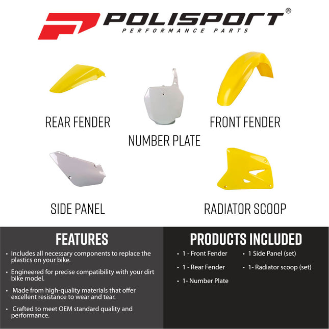 Polisport 90775 Replica Plastic Kit for Suzuki RM85 2002-2026 - OEM Color Match Dirt Bike Bodywork - Yellow/White (Front & Rear Fenders, Radiator Scoops, Front Number Plate, Side Panels)
