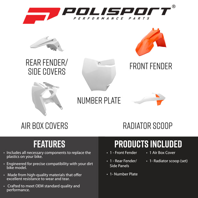 Polisport 90805 Full Replica Plastic Kit for KTM 65 SX 2016-2023 - OEM Color Match Orange/White Bodywork with Front Fender, Rear Fender & Side Panels, Radiator Scoops, Number Plates & Airbox Cover
