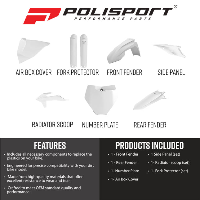 Polisport 91013 Full Plastic Kit for KTM SX, XC, SX-F & XC-F 19-22 OEM White – Complete Bodywork Set with Fenders, Radiator Scoops, Side Panels, Number Plate, Fork Protectors and Airbox Cover