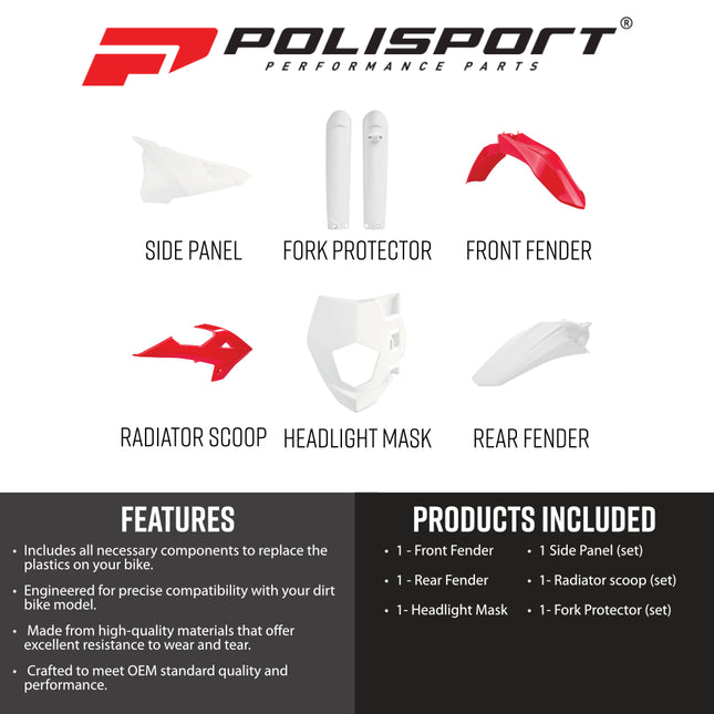 Polisport 91030 Replica Plastic Kit for Gas Gas EC, EC-E, EC-F 2018-2020 & MR250/MR300 2021-2026 OEM Red/White – Bodywork Set with Fenders, Scoops, Side Panels, Headlight Mask and Fork Guards