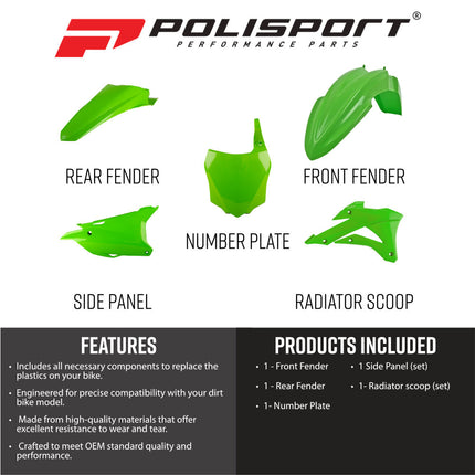 Polisport 91333 Replica Plastic Kit for Kawasaki KX85 2022-2026 OEM Green – Complete Bodywork Set with Fenders, Radiator Scoops, Side Panels and Front Number Plate