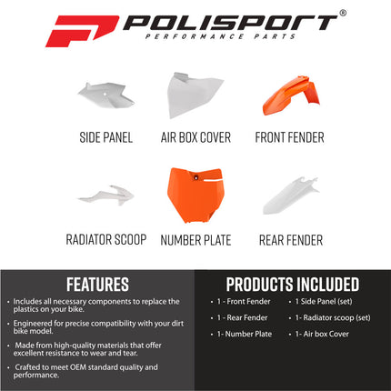 Polisport 91369 Replica Plastic Kit for KTM SX 85 2018-2024 Orange/White – Complete Bodywork Set with Fenders, Radiator Scoops, Side Panels, Front Number Plate and Airbox Cover