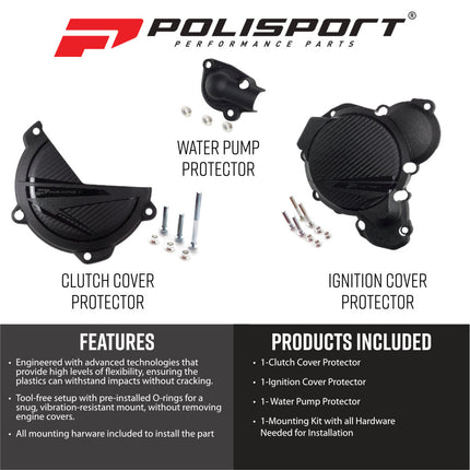 Polisport 91378 Clutch and Ignition Cover Protector Guard Kit for KTM SX/XC 250/300 & Husqvarna TC 250 2023-2026 - Durable Dirt Bike Engine Crankcase Shields - Black (Pair)