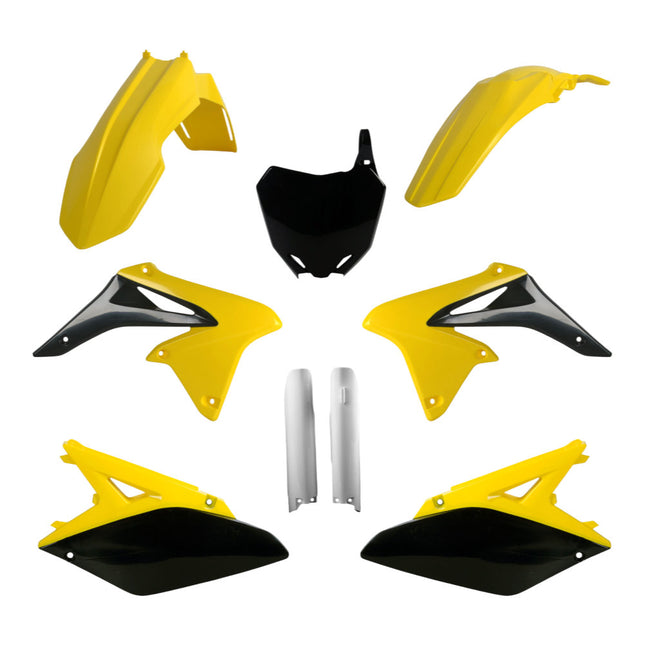 Polisport 91424 Full Replica Plastic Kit for Suzuki RMZ250 2010-2018 - OEM Color Match Dirt Bike Bodywork - Yellow/Black (Fenders, Radiator Scoops, Side Panels, Front Number Plate, Fork Protectors)