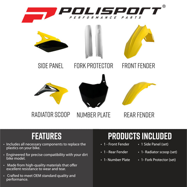 Polisport 91424 Full Replica Plastic Kit for Suzuki RMZ250 2010-2018 - OEM Color Match Dirt Bike Bodywork - Yellow/Black (Fenders, Radiator Scoops, Side Panels, Front Number Plate, Fork Protectors)