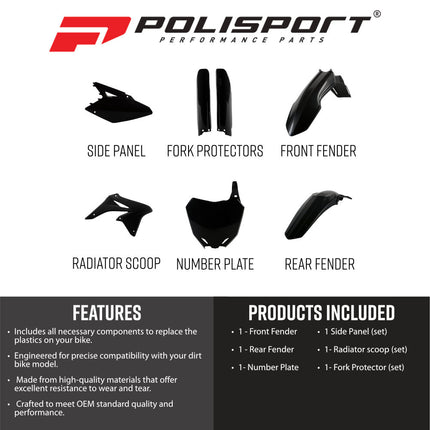 Polisport 91425 Full Plastic Kit for Suzuki RM‑Z250 2010‑2018 Black – Complete Bodywork Set with Fenders, Fork Guards, Radiator Scoops, Side Panels & Front Number Plate