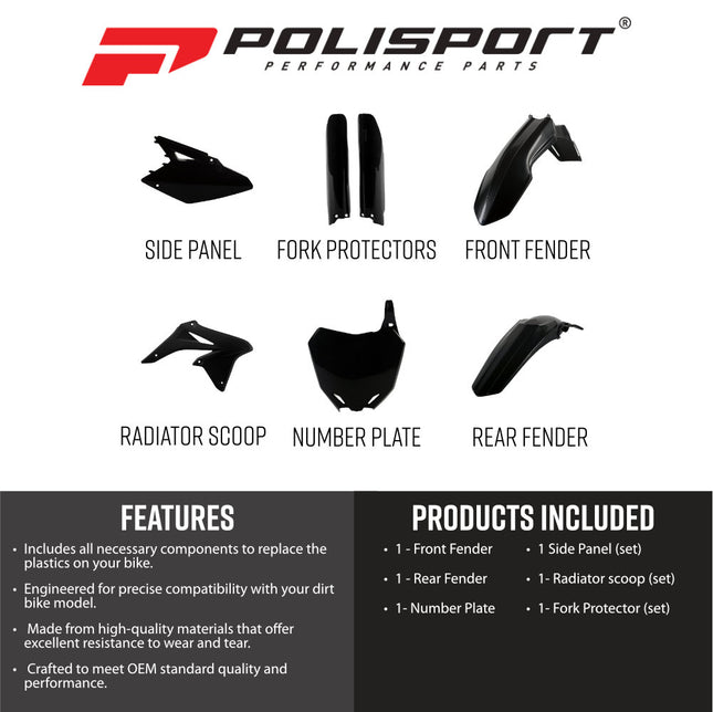 Polisport 91425 Full Plastic Kit for Suzuki RM‑Z250 2010‑2018 Black – Complete Bodywork Set with Fenders, Fork Guards, Radiator Scoops, Side Panels & Front Number Plate