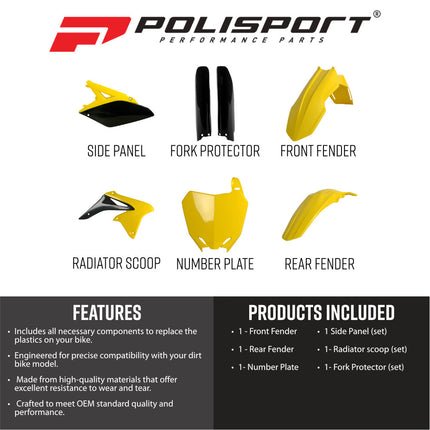 Polisport 91426 Full Plastic Kit for Suzuki RM-Z250 2010-2018 OEM 2017 Yellow/Black – Complete Bodywork Set with Fenders, Radiator Scoops, Side Panels, Number Plate and Fork Guards