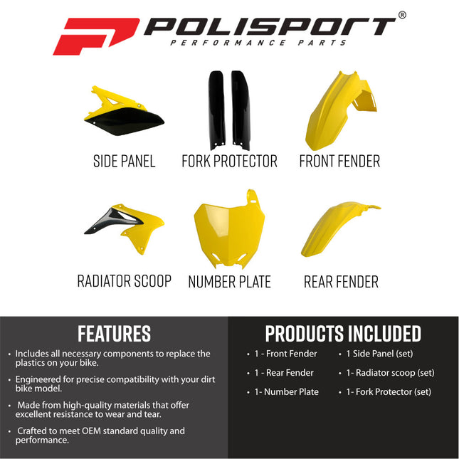 Polisport 91426 Full Plastic Kit for Suzuki RM-Z250 2010-2018 OEM 2017 Yellow/Black – Complete Bodywork Set with Fenders, Radiator Scoops, Side Panels, Number Plate and Fork Guards