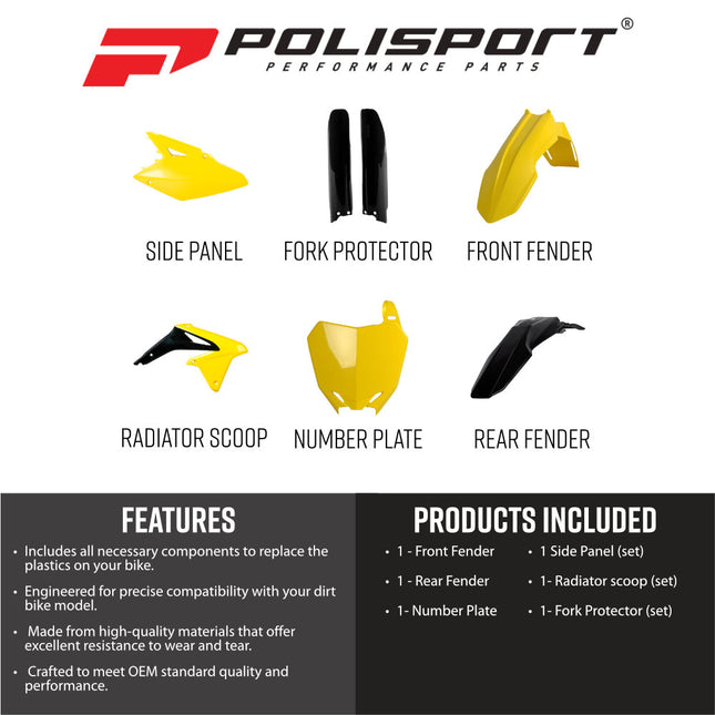 Polisport 91430 Full Plastic Kit for Suzuki RM-Z450 2008-2017 OEM Color 2014-2016 Yellow/Black – Complete Bodywork Set with Fenders, Radiator Scoops, Side Panels, Number Plate and Fork Protectors