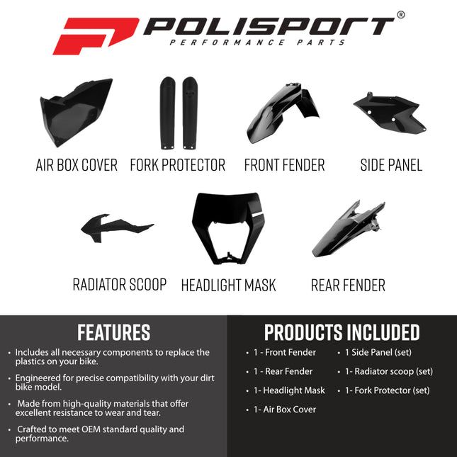 Polisport 91471 Full Replica Plastic Kit for KTM EXC / EXC-F / XC-W / XC-FW 2017-2019 - Custom Dirt Bike Bodywork - Black (Fenders, Scoops, Side Panels, Airbox Cover, Headlight Mask, Fork Protectors)