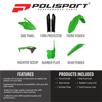 Polisport  91494 Full Plastic Kit – Fits Kawasaki KX250F 2017–2020 – OEM‑Style Bodywork with Fenders, Radiator Scoops, Side Panels, Number Plate, Fork Protector – Green/Black