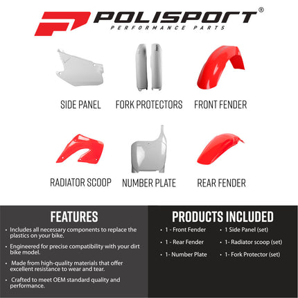 Polisport 91510 Full Plastic Kit for Honda CR125R & CR250R 2000-2001 OEM Red/White – Complete Bodywork Set with Fenders, Radiator Scoops, Side Panels, Front Number Plate and Fork Guards