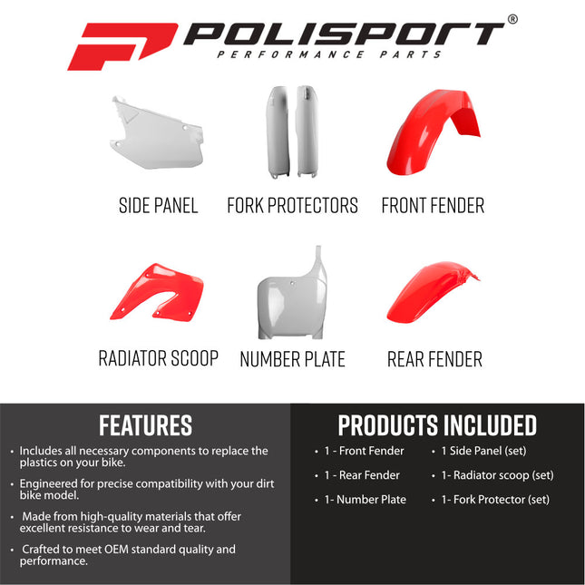 Polisport 91510 Full Plastic Kit for Honda CR125R & CR250R 2000-2001 OEM Red/White – Complete Bodywork Set with Fenders, Radiator Scoops, Side Panels, Front Number Plate and Fork Guards