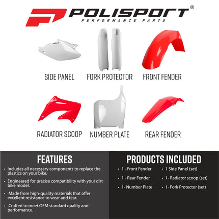 Polisport 91511 Full Plastic Kit – Fits Honda CR125R/CR250R 2002–2003 – OEM‑Style Bodywork with Fenders, Shrouds, Side Panels, Number Plate, Fork Protectors – Red/White