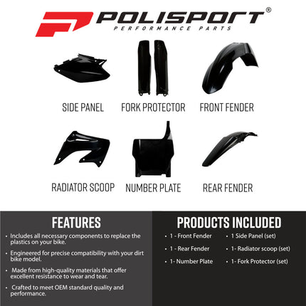 Polisport 91513 Full Plastic Kit for Honda CR125R/250R (2004‑2007) – Black, Includes Fenders, Radiator Scoops, Side Panels, Number Plate, and Fork Protectors for Complete OEM‑Style Replacement