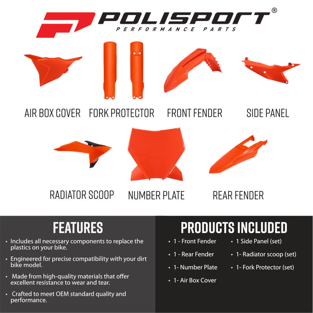 Polisport 91613 Full Replica Plastic Kit for KTM SX / SX-F / XC / XC-F 2025-2026 - OEM Color Match Dirt Bike Bodywork - Orange (Fenders, Scoops, Side Panels, Number Plate, Airbox Cover, Fork Guards)