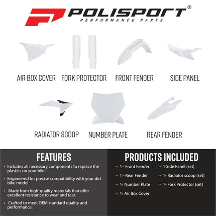 Polisport 91614 Full Plastic Kit for KTM SX, SX-F & XC 2025+ White/Black – Complete Bodywork Set with Fenders, Radiator Scoops, Side Panels, Number Plate, Fork Protectors and Airbox Cover