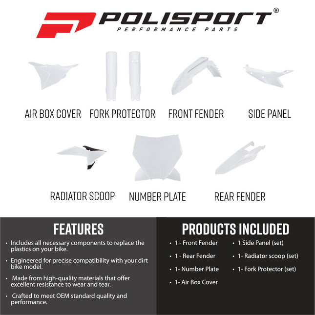 Polisport 91614 Full Plastic Kit for KTM SX, SX-F & XC 2025+ White/Black – Complete Bodywork Set with Fenders, Radiator Scoops, Side Panels, Number Plate, Fork Protectors and Airbox Cover
