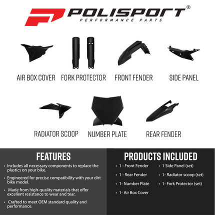 Polisport 91615 Full Replica Plastic Kit for KTM SX / SX-F / XC / XC-F 2025-2026 - Custom Dirt Bike Bodywork - Black (Fenders, Scoops, Side Panels, Number Plate, Airbox Cover, Fork Protectors)