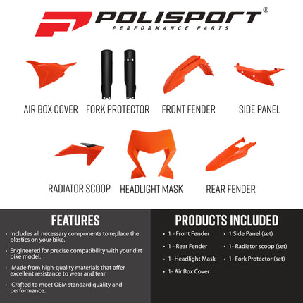 Polisport 91633 Full Plastic Kit for KTM EXC, EXC-F, XC-W & XC-FW 2024+ OEM 2025 Orange/Black – Complete Bodywork Set with Fenders, Scoops, Side Panels, Headlight Mask, Fork Guards and Airbox Cover